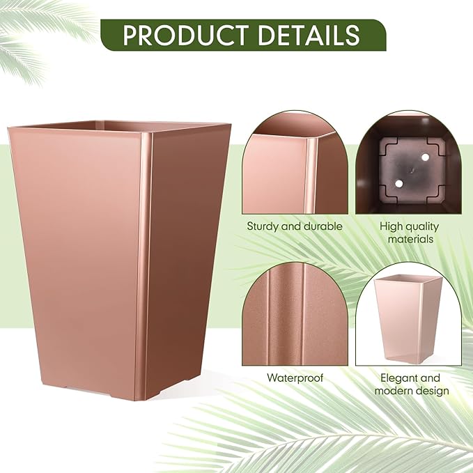 Set of 2 15.75 Inch Large Taper Planters Outdoor Indoor Tall Resin Flower Pots with Drainage Holes Modern for Front Door Patio Backyard Plants (Gold Pink)