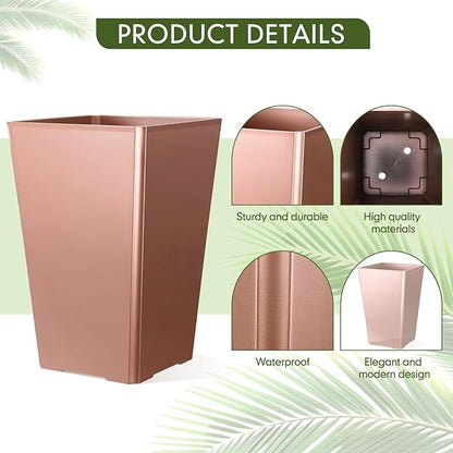 Set of 2 15.75 Inch Large Taper Planters Outdoor Indoor Tall Resin Flower Pots with Drainage Holes Modern for Front Door Patio Backyard Plants (Gold Pink)