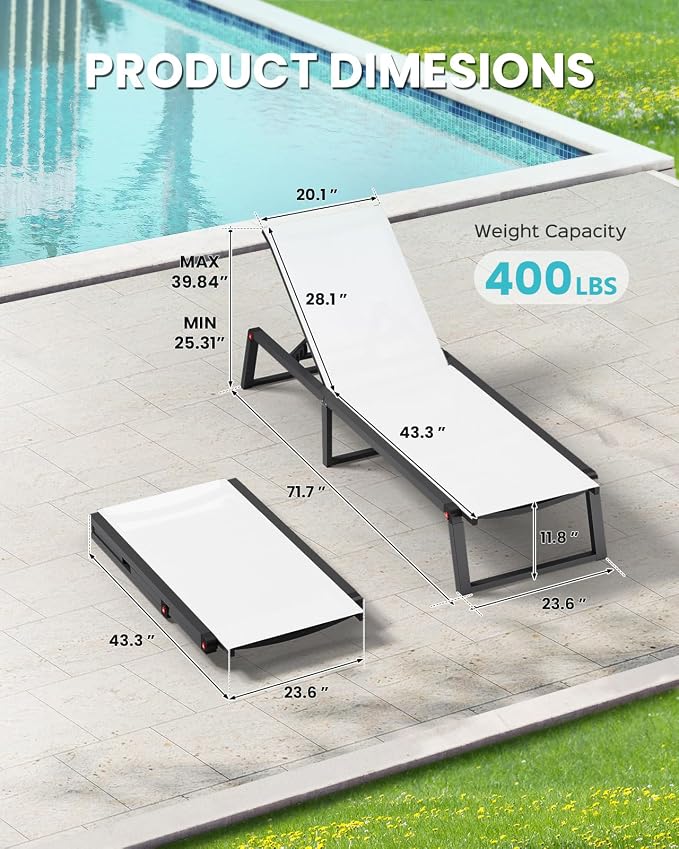Aluminum Chaise Lounge Chair Outdoor, Foldable& No Assembly Patio Pool Lounge Chairs 5-Position Recliner for Outside, Fully Grounded Legs Sun Lounger for Poolside, Bright White