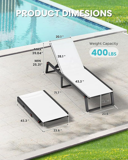 Aluminum Chaise Lounge Chair Outdoor, Foldable& No Assembly Patio Pool Lounge Chairs 5-Position Recliner for Outside, Fully Grounded Legs Sun Lounger for Poolside, Bright White