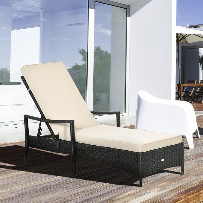 Outsunny Wicker Chaise Lounge, 4 Position Adjustable Backrest and Cushions Outdoor Lounge Chair PE Rattan Sun Lounger for Poolside, Balcony or Garden, Beige
