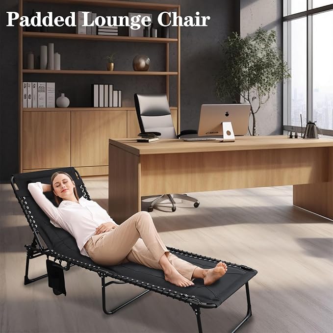 Outdoor Folding Lounge Chair Padded for Adults 264Ibs Patio Chaise Lounge Chair for Outside 5-Position Adjustable Reclining Beach Chair with Pillow Pocket