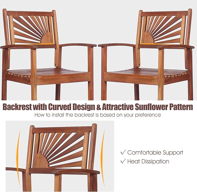 COSTWAY Bar Stools Set of 2, Outdoor Acacia Wood Bar Chairs with Sunflower Backrest, Curved Armrests & Breathable Seat, Ideal for Balcony, Sunroom, Patio, Easy Assembly