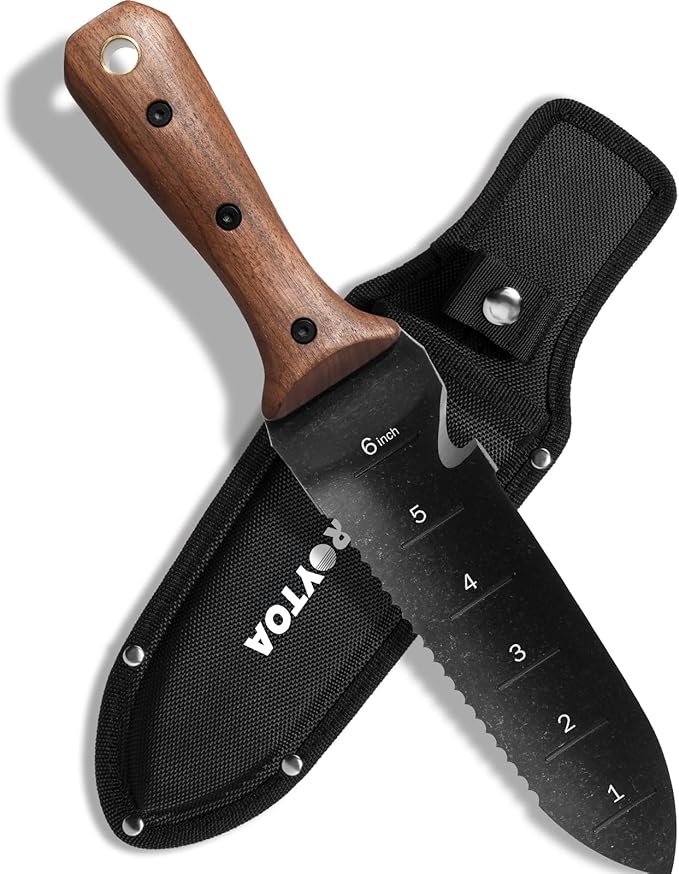 Hori Hori Garden Knife, Garden Tools with Sheath for Weeding,Planting,Digging, 7" Stainless Steel Blade with Cutting Edge, Full-Tang Walnut Wood Handle with Hanging Hole