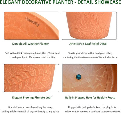GreenShip 15 inch Large Planters, Set of 2 Relief Planters - Recycled Resin & Stone Composite Flower Pots - Weather Resistant Lightweight Garden Pots for Indoor Outdoor Plants
