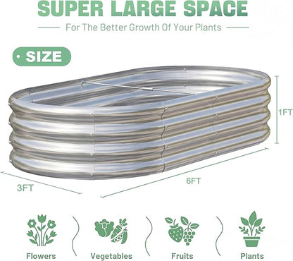 AHEONLAR 3 Pack 6×3×1ft Galvanized Raised Garden Bed, Oval Metal Garden Bed Planter Boxes Outdoor, Durable Raised Garden Beds Outdoor for Vegetables, Flowers, Silver