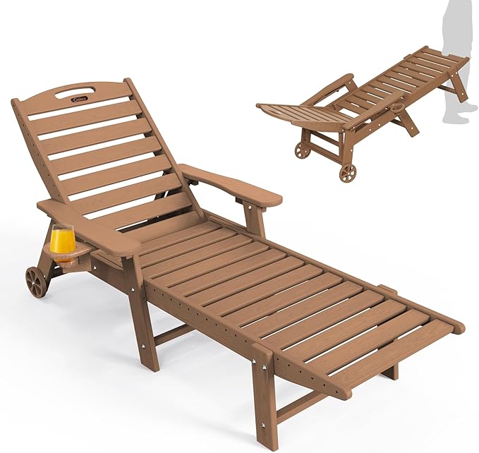 Lounge Chair Outdoor, Oversized Chaise Lounge Chair with 5 Positions, HDPE, Patio Lounge Chair with Wheels & Cup Holder for Pool, Deck, Poolside, Teak