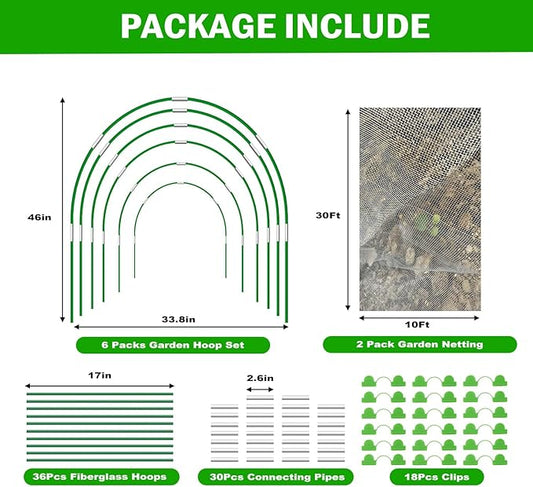 Garden Mesh Netting Kit, 2 Pack 10x30FT White Ultra Fine Netting & 8FT Fiberglass Garden Hoops, Garden Netting with Frame for Raised Beds, Garden Hoops and Netting for Row Cover, Plant Insect Barrier