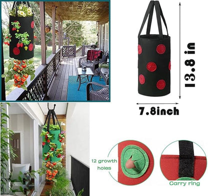 4 Pcs Hanging Strawberry Planter Bags 3 Gallon Upside Down Strawberry Planter and 4 Hooks, Sturdy Hanging Handle Thickened Breathable Felt Cloth for Herb Tomato Hot Peppers Vegetables (4Pcs 3Gal)