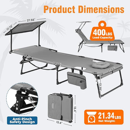 Tanning Chair with Face Hole & Canopy, 28'' Extra Wide, Support 400LBS | Folding Chaise Lounge Chair with 4-Position Adjustable Backrest for Beach, Pool, Patio & Camping, Light Grey