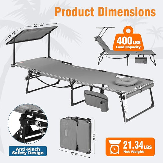Tanning Chair with Face Hole & Canopy, 28'' Extra Wide, Support 400LBS | Folding Chaise Lounge Chair with 4-Position Adjustable Backrest for Beach, Pool, Patio & Camping, Light Grey