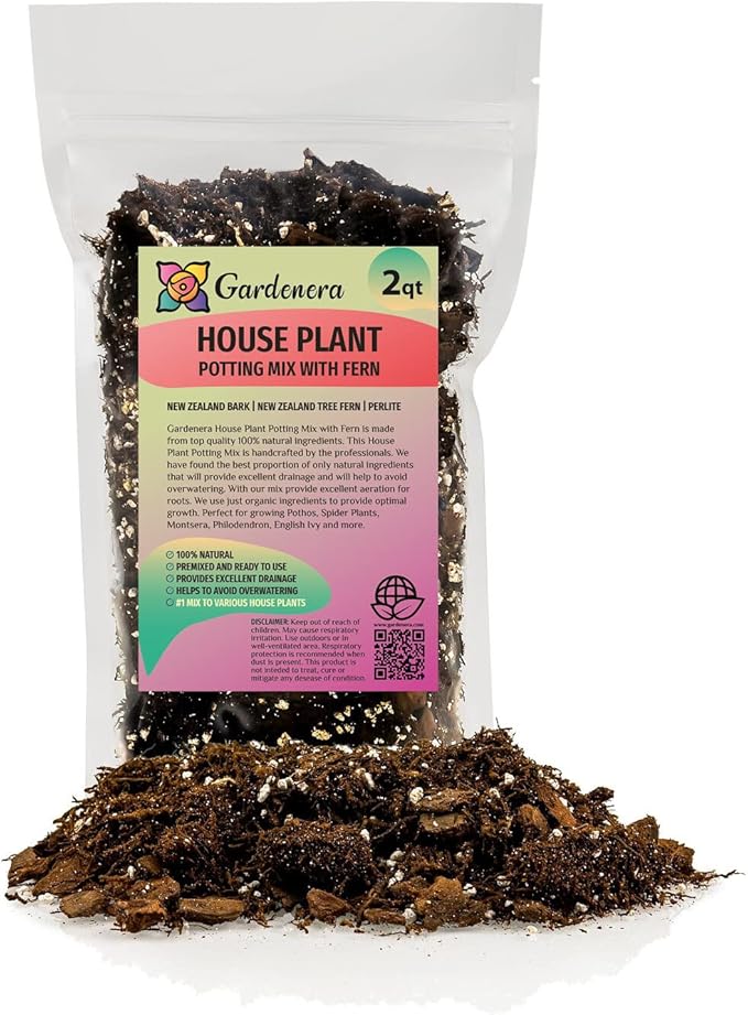 Premium Gardenera House Plant Potting Mix | Fern + New Zealand Bark + Perlite | Great for Pothos, Spider Plants, Montsera, Philodendron, English Ivy - 2 Quart Bag