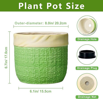 8 Inch Plant Pot - Ceramic Pots for Plants with Drainage Hole, Ceramic Flower Pots for Indoor Plants Outdoor, Decorative Boho Planter, House Garden Decor, Gardening Gifts for Women, Green