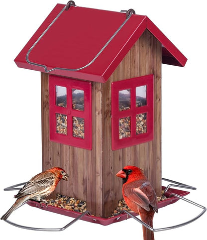 Kingsyard Cute Bird House Feeders for Outside, Hanging Metal Bird Feeder with 4 Ports, Outdoor Garden Yard Decorations for Cardinals Finches Chickadees Goldfinches & Sparrows Birds Watching