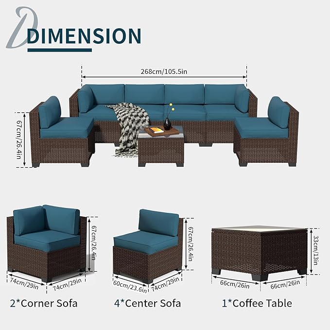 7-Piece Outdoor Sectional Patio Furniture Set, All-Weather Wicker Rattan Sofa w/Thick Washable Cushions & Tempered Glass Table, Perfect for Garden, Poolside, Backyard (7, Brown&Peacock Blue)
