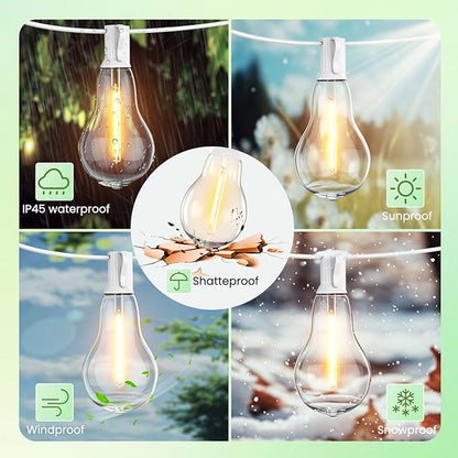 Outdoor String Lights, LED String Lights for Outside with 27 Shatterproof Bulbs (2 Spare), 50FT Porch White Hanging String Light for Balcony, Pergola, Gazebo, Patio Decor,White Cord