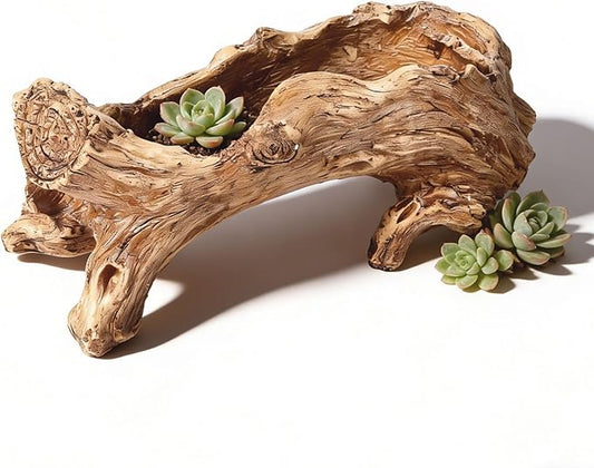 Artificial Driftwood Planter, Resin Tree Root Stump Succulent Pot with Drainage Hole, Vintage Log Shape Container for Cactus Herbs, Rustic Home Garden Decoration (14.6 Inch)