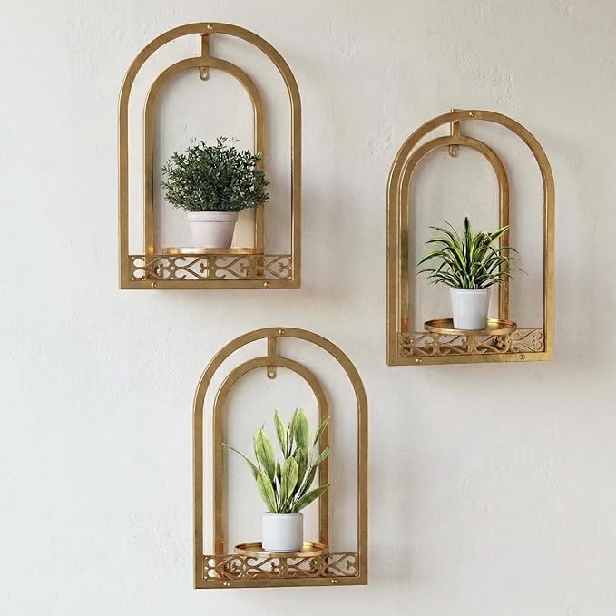 Wall Hanging Planters, Modern Iron Frame for Indoor/Outdoor Plants, Stylish Decor for Living Room, Garden, Patio 3 Pack Gold（No Light）