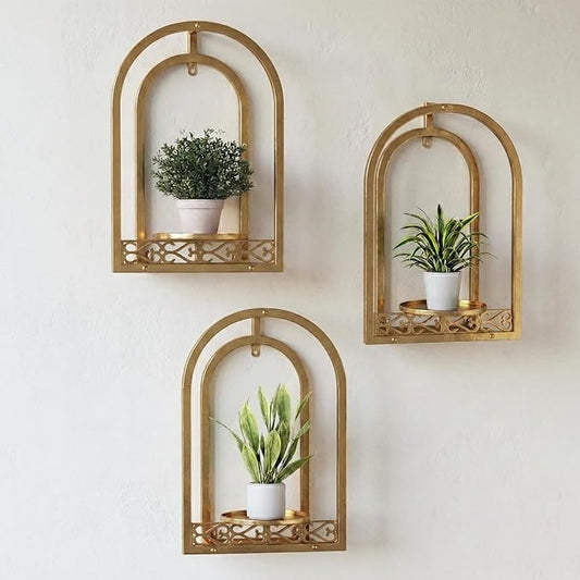 Wall Hanging Planters, Modern Iron Frame for Indoor/Outdoor Plants, Stylish Decor for Living Room, Garden, Patio 3 Pack Gold（No Light）
