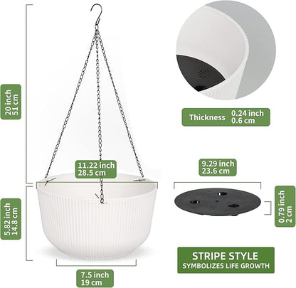 Dexceder 11.2 Inch Self Watering Hanging Planters Indoor Outdoor, Thickened Hanging Basket Flower Plant Pot (2 Pack, White)