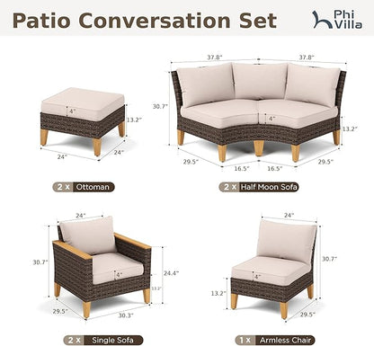 PHI VILLA 7-Piece Wicker Patio Furniture Set, Outdoor Half-Moon Curved Sectional Sofa with Thick Beige Cushions, 2 Ottomans, 2 Single Seats, Large Conversation Seating for Garden or Backyard