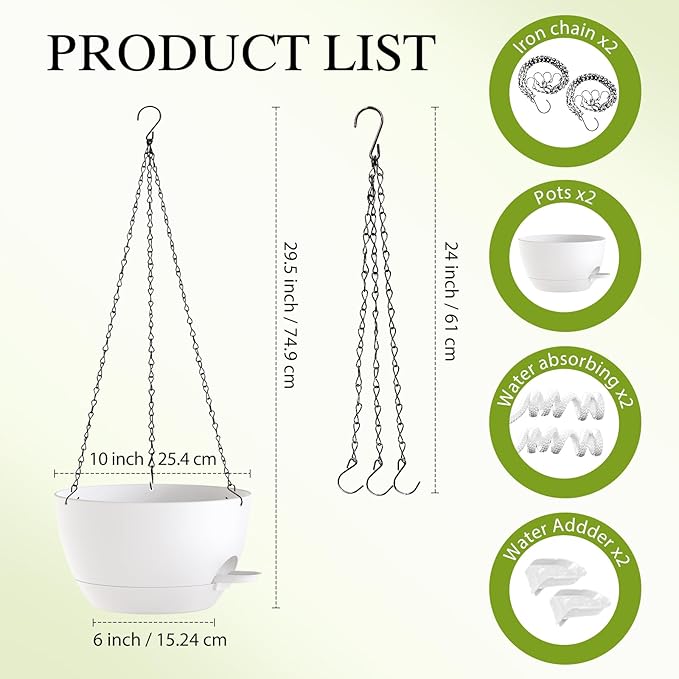 10 Inch Hanging Baskets 2 PC with Chains, Self-Watering Hanging Planters for Indoor Outdoor Plants, Plastic Hanging Flower Pots,White