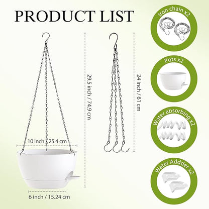 10 Inch Hanging Baskets 2 PC with Chains, Self-Watering Hanging Planters for Indoor Outdoor Plants, Plastic Hanging Flower Pots,White