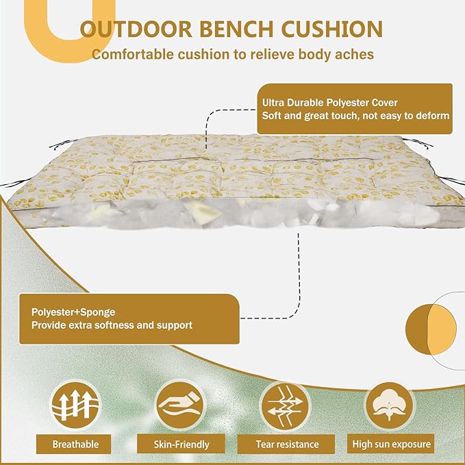 2/3 Seater Swing Replacement Cushion, Waterproof Porch Swing Cushions with Backrest, Thickened Bench Cushions for Outdoor Furniture, for Outdoor Patio Swing (Yellow Leaves, 63 * 40in)