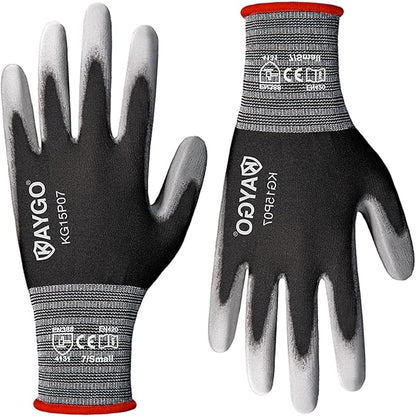 KAYGO Work Gloves PU Coated 12 Pairs, KG15P,Nylon Liner with Flexible Polyurethane Coating,Safety Work Gloves for DIY, Assembly, Warehouse, Light Duty Work (Small, Black)