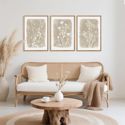 CHDITB Beige Florals Wall Art Set, Framed Boho Flower Wall Decor, Neutral Minimalist Botanical Wall Painting, Modern Vintage Wildflower Canvas Art Prints for Living Room, Bedroom, Grids Room 16"x24"x3