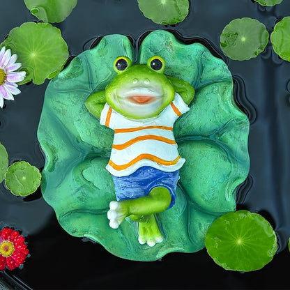 Sungmor Floating Resin Frog Figurine - Pond Decor with Water Floating Lotus Leaf and Frog Ornament - Outdoor Garden Decoration