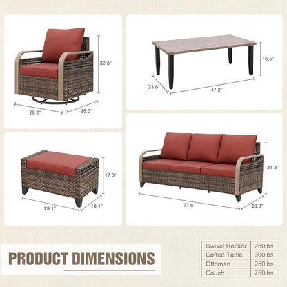 Modern Wicker Patio Furniture Set, Rattan Outdoor Conversation Set with Comfortable Cushions, 2 Swivel Rocking Chairs, 3 Seat Couch, 2 Ottomans and Coffee Table, 6 Pieces, Brown/Red
