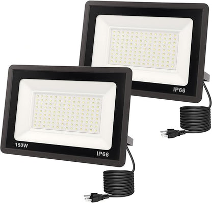 L LOHAS LED Flood Lights Outdoor, 150W Dusk to Dawn Outdoor Lighting, IP66 Waterproof Plug in Floodlights, 6000K Daylight Work Light, Security Lights for Yard, Garage, UL Listed, 2Pack