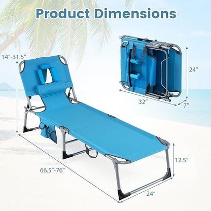 COSTWAY Tanning Chair with Face Hole, Folding Beach Lounge Chair with 4-Position Adjustable Backrest, Pillow & Side Pocket, Foldable Chaise Lounge Chair Outdoor for Sunbathing, Camping (1, Blue)