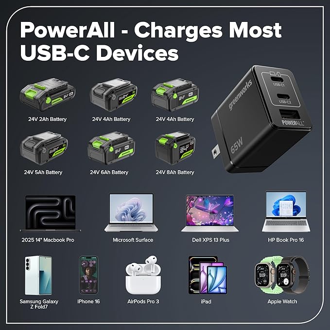 GREENWORKS 24V 1/2” Brushless Cordless Drill (400 In-lbs.) + 6.5” Circular Saw (4,800 RPM), (2) 2.0Ah (12,000mAh Power Bank) USB-C Batteries, Braided Cable, 65W Rapid Charger