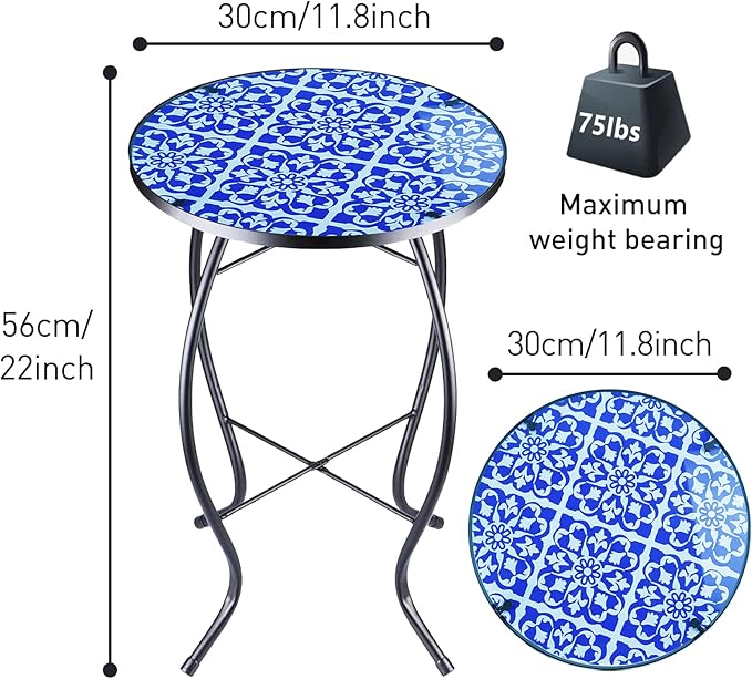 Arbuxzuy 12 Inch Small Outdoor Side Table with Blue-White Mosaic, Glass Mosaic Patio Table Indoor, Round Plant Coffee Table for Living Room, Balcony, Garden