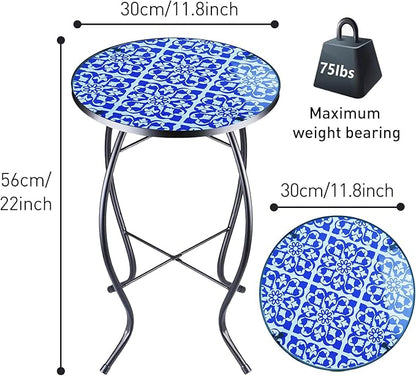 Arbuxzuy 12 Inch Small Outdoor Side Table with Blue-White Mosaic, Glass Mosaic Patio Table Indoor, Round Plant Coffee Table for Living Room, Balcony, Garden