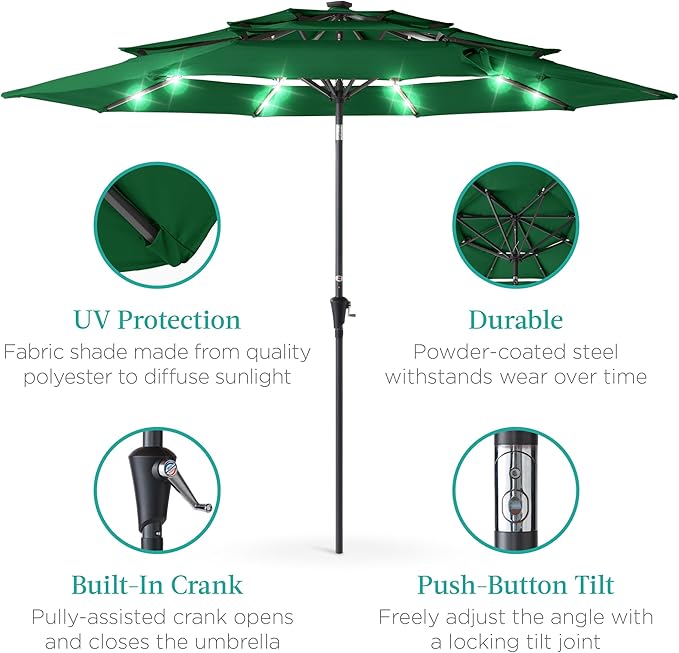 Best Choice Products 10ft 3-Tier Solar Patio Umbrella, Outdoor Market Sun Shade for Backyard, Deck, Poolside w/ 24 LED Lights, Tilt Adjustment, Easy Crank, 8 Ribs - Green