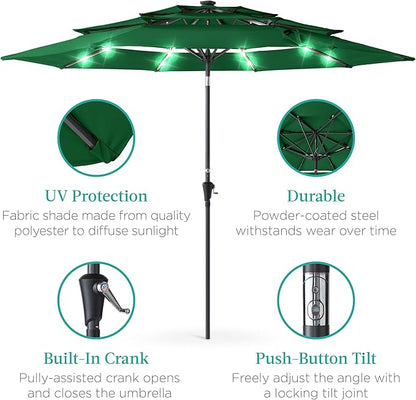 Best Choice Products 10ft 3-Tier Solar Patio Umbrella, Outdoor Market Sun Shade for Backyard, Deck, Poolside w/ 24 LED Lights, Tilt Adjustment, Easy Crank, 8 Ribs - Green
