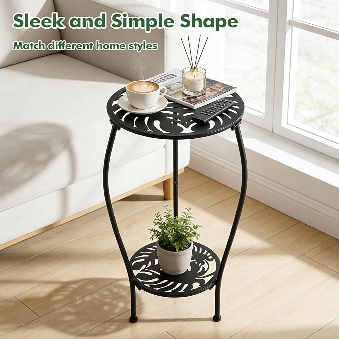 2-tiered 13.2 Inch Metal Round Side Table Set of Two Small Black Outside End Table for Patio Round Accent Garden Corner Stand for Small Spaces Weather-resistant Outdoor Coffee Table for Balcony, Black