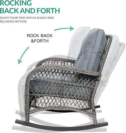 VIVIJASON 3-Piece Outdoor Conversation Bistro Set, Patio Wicker Rocking Chairs Rattan Furniture Sets w/ 2 Rattan Chairs, Cushions, Glass Top Side Table for Garden Porch Backyard (Grey)