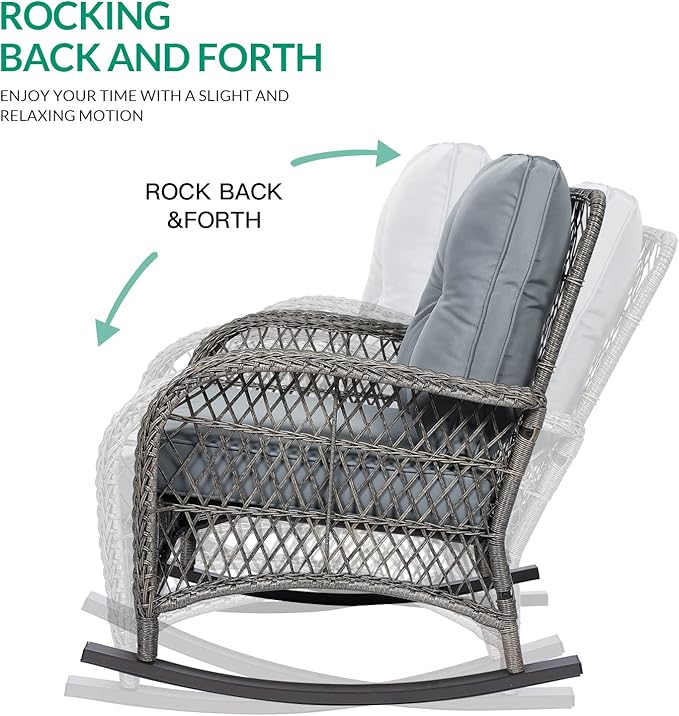 VIVIJASON 2 Piece Patio Wicker Rattan Rocker Chair, Outdoor Rattan Rocker Chair with Cushions & Steel Frame, All-Weather Rocking Lawn Wicker Furniture for Garden Backyard Porch (Grey)