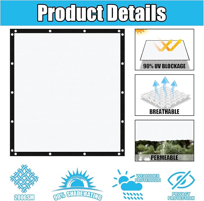 Amagenix 90% Pergola Shade Cover 4' X 4' Sun Shade Cloth with Grommets for Outdoor Garden Patio Porch, Commercial Grade 200 GSM - Cable Zip Ties Included (We Customized) GN108, White