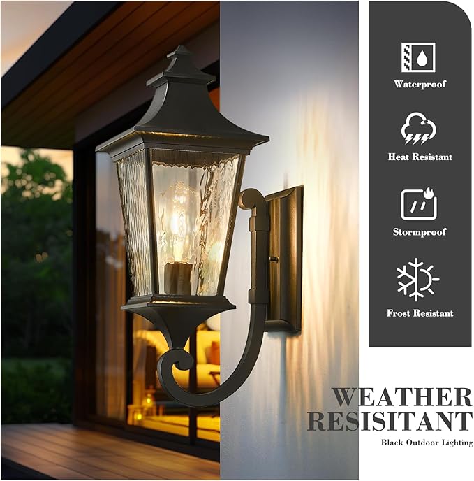 Emliviar 21.1 Inch Farmhouse Outdoor Wall Sconce,1 Light Exterior Wall Lighting in Black Finish Frame, Water Ripple Glass Shade, XE292UB-M SW BK