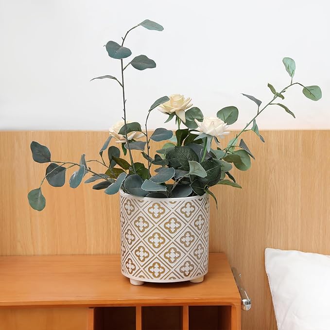 8 Inch Flowerpot, Planter for Indoor Plant, Indoor & Outdoor Plants Pot with Drainage Hole - for Decoration of Home Garden & Terrace, White & Gold