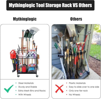 Mythinglogic Garden Tool Organizer for Garage, Yard Tool Rack with Wheels, Garage Organizers and Storage Holder for Yard Tools (Deluxe Tower)