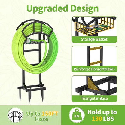 LASZOLA Garden Water Hose Holder Hanger for Outside, Freestanding Garden Hose Reel Rack Outdoor with Storage Basket, Heavy Duty Metal Water Pipe Stand 5 Spikes for Patio Yard Lawn, Holds 151ft, Black