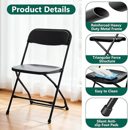 2 Pack Black Plastic Folding Chairs, Outdoor Portable Folding Chair with Steel Frame, 350lbs Capacity Stackable Foldable Chairs for Patio, Garden, Picnic, Kitchen, Events