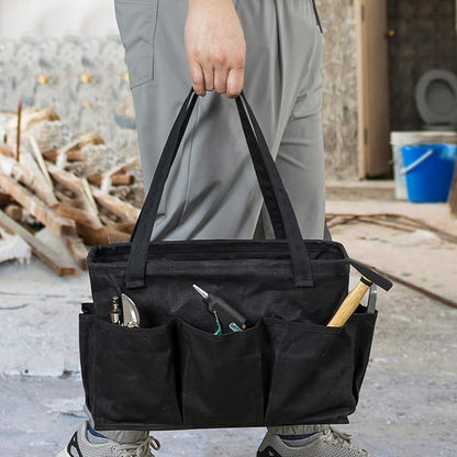 Tool Pouch, Heavy Duty 16oz Waxed Canvas Tool Bag, Rectangle Foldable Open Top Tool Bags with Handles, 10 Pockets | 15.5 x 7.5 x 10.5 Inches