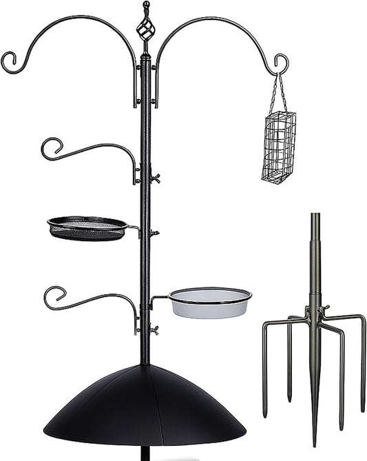 Backyard Expressions 90" Bird Feeding Station for Outdoors, Heavy Duty Bird Feeder Pole with Squirrel Baffle, Shepherd Hooks, Suet Cage, Water Bowl & Tray, Multi Hook Bird Feeder Stand for Yard Garden